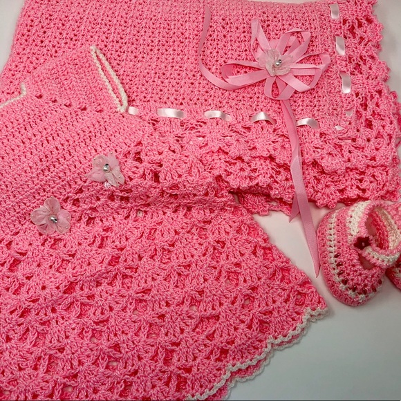 Other - NWOT Crochet Pink Blanket, Dress, and Shoes